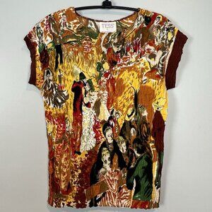 Tess Crinkled Yellow Blouse Size Small Vintage People Dancing Print Y2K